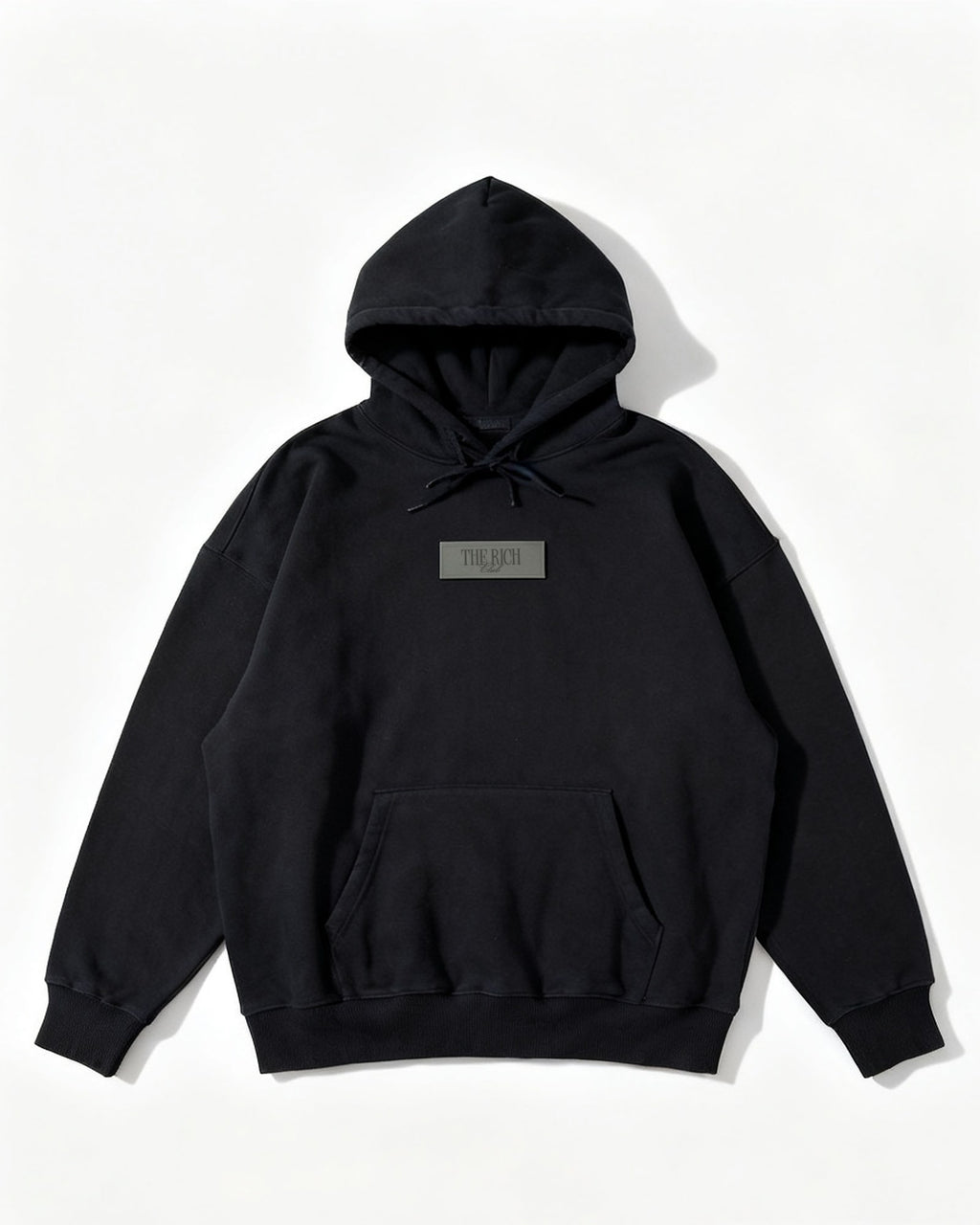 Heavyweight Hoodie in Black, flat lay. AI placeholder v2 (pre-production preview, not the final product)