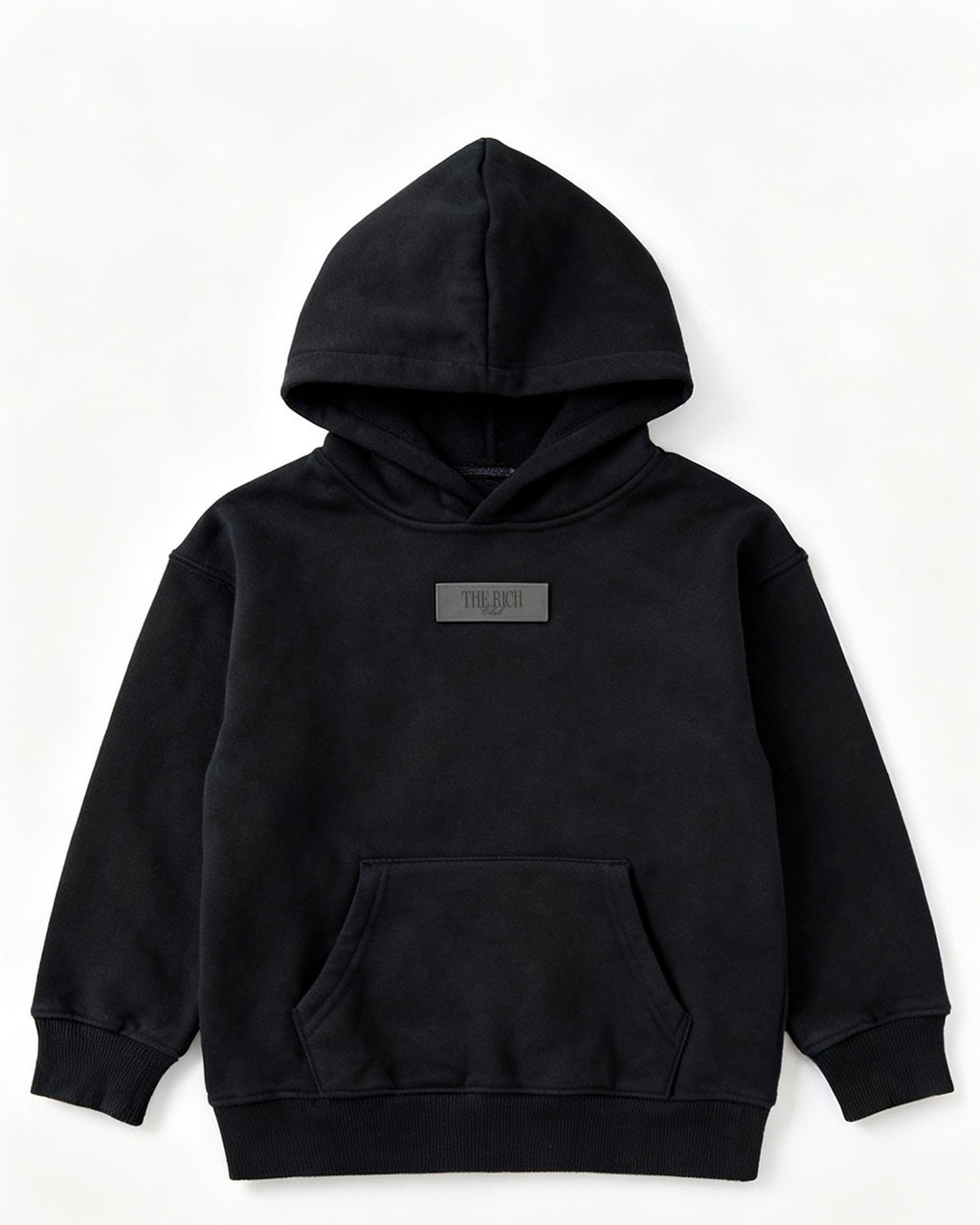 Heavyweight Hoodie (Kids) in Black, flat lay. AI placeholder v2 (pre-production preview, not the final product)
