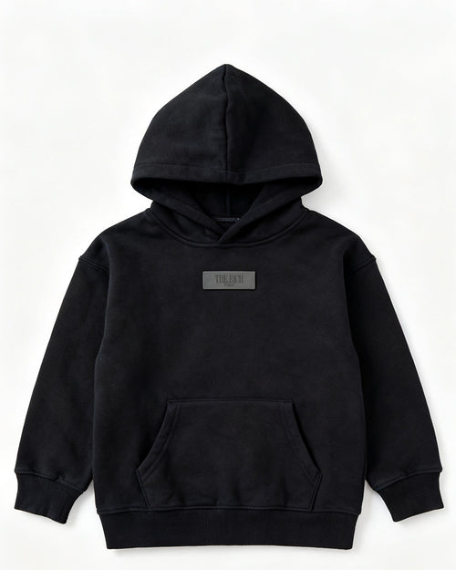 Heavyweight Hoodie (Kids) in Black, flat lay. AI placeholder v2 (pre-production preview, not the final product)