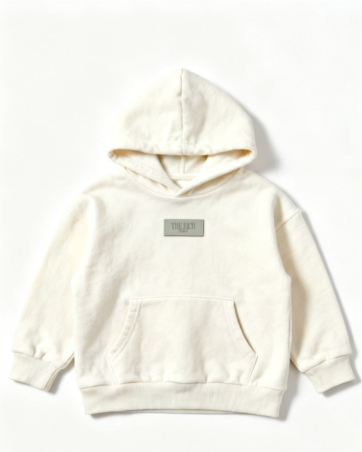 Heavyweight Hoodie (Kids) in White, flat lay. AI placeholder v2 (pre-production preview, not the final product)