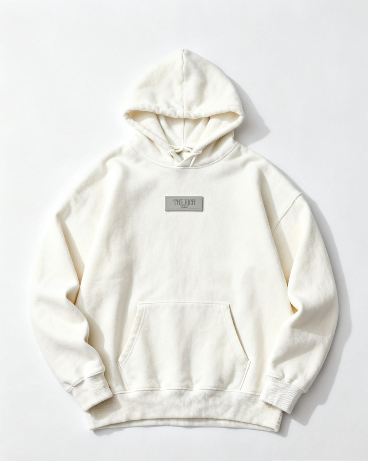 Heavyweight Hoodie in White, flat lay. AI placeholder v2 (pre-production preview, not the final product)