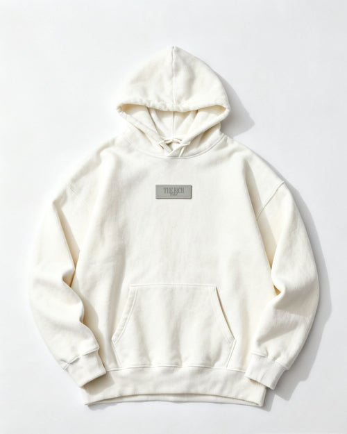 Heavyweight Hoodie in White, flat lay. AI placeholder v2 (pre-production preview, not the final product)